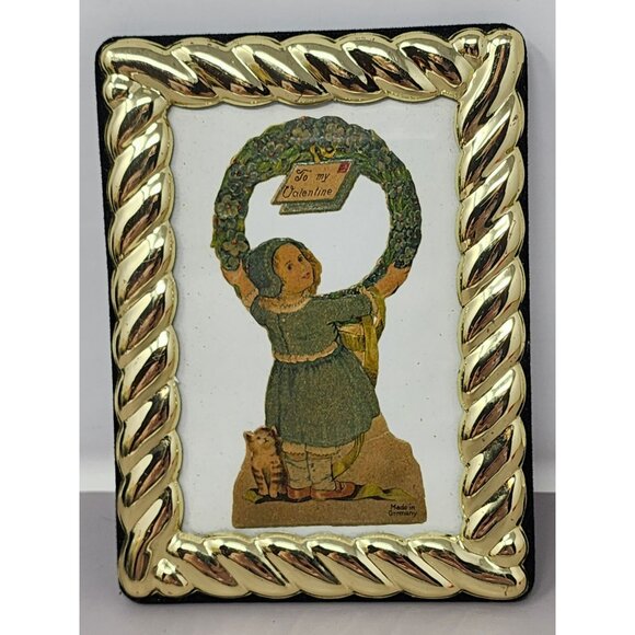 Vintage‎ Gold-Plated Frame With German Valentines Day Illustration - Picture 1 of 6